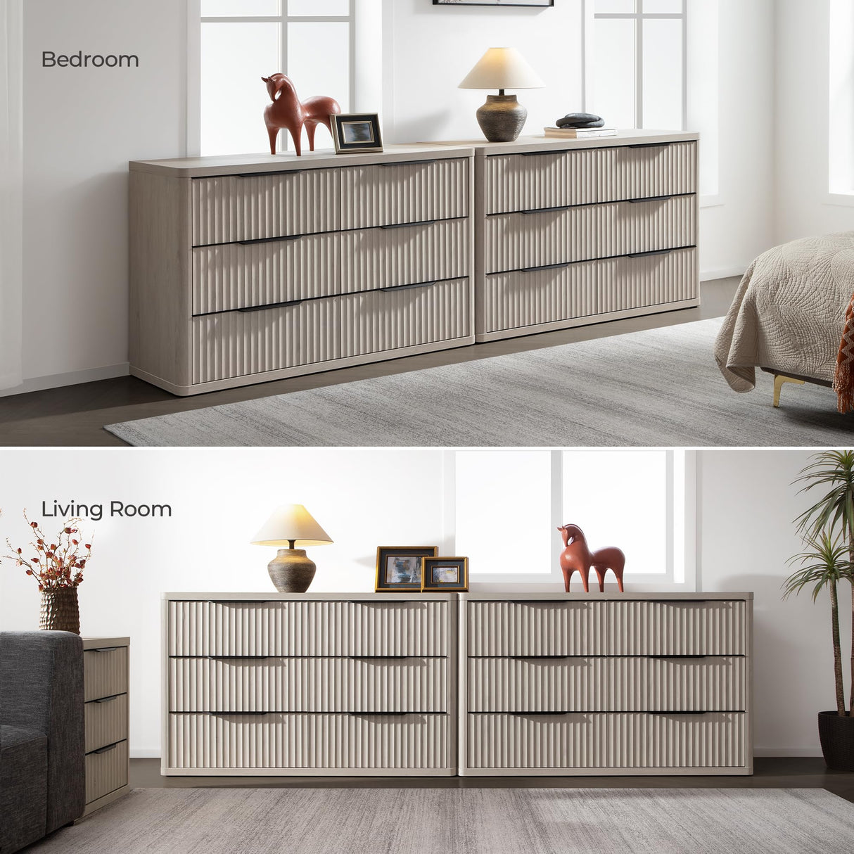 SICOTAS Dresser for Bedroom 53.5" Wide 6 Drawer Dressers & Chests of Drawers for Closet Long Large Modern TV Stand Set for Clothes Storage Fluted Clothes Closet for Hallway Entryway, White Alder SICOTAS