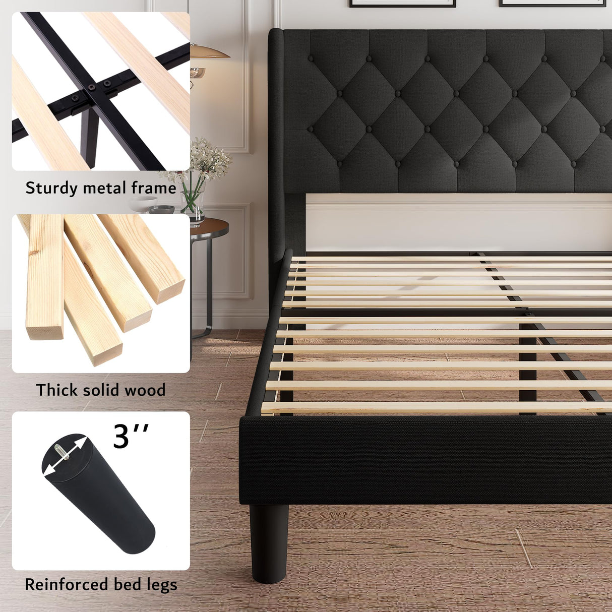 iPormis Queen Size Platform Bed Frame with Button Tufted Headboard, Upholstered Bed Frame with Solid Wooden Slats, 8" Underbed Space, No Box Spring Needed, Noise Free, Easy Assembly, Black iPormis