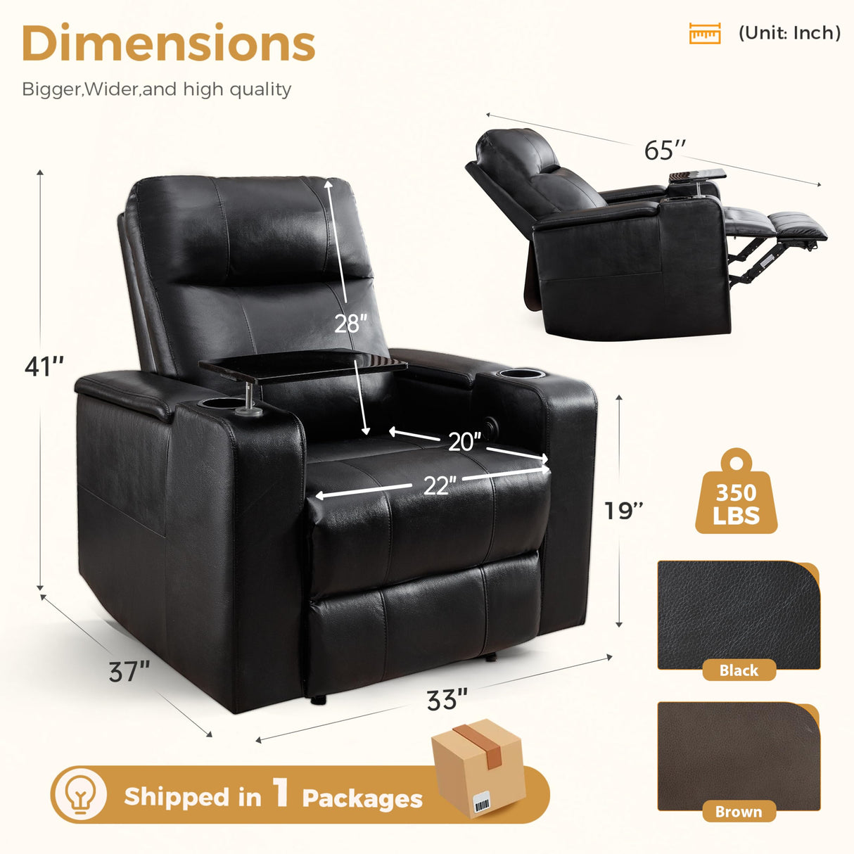ANJ Black Power Recliner Chair Electric Home Theater Seating Soft Leather Movie Chair for Living Room Overstuffed Single Reclining Sofa with Hidden Arm Storage, Cup Holders and USB Ports (Black) ANJ