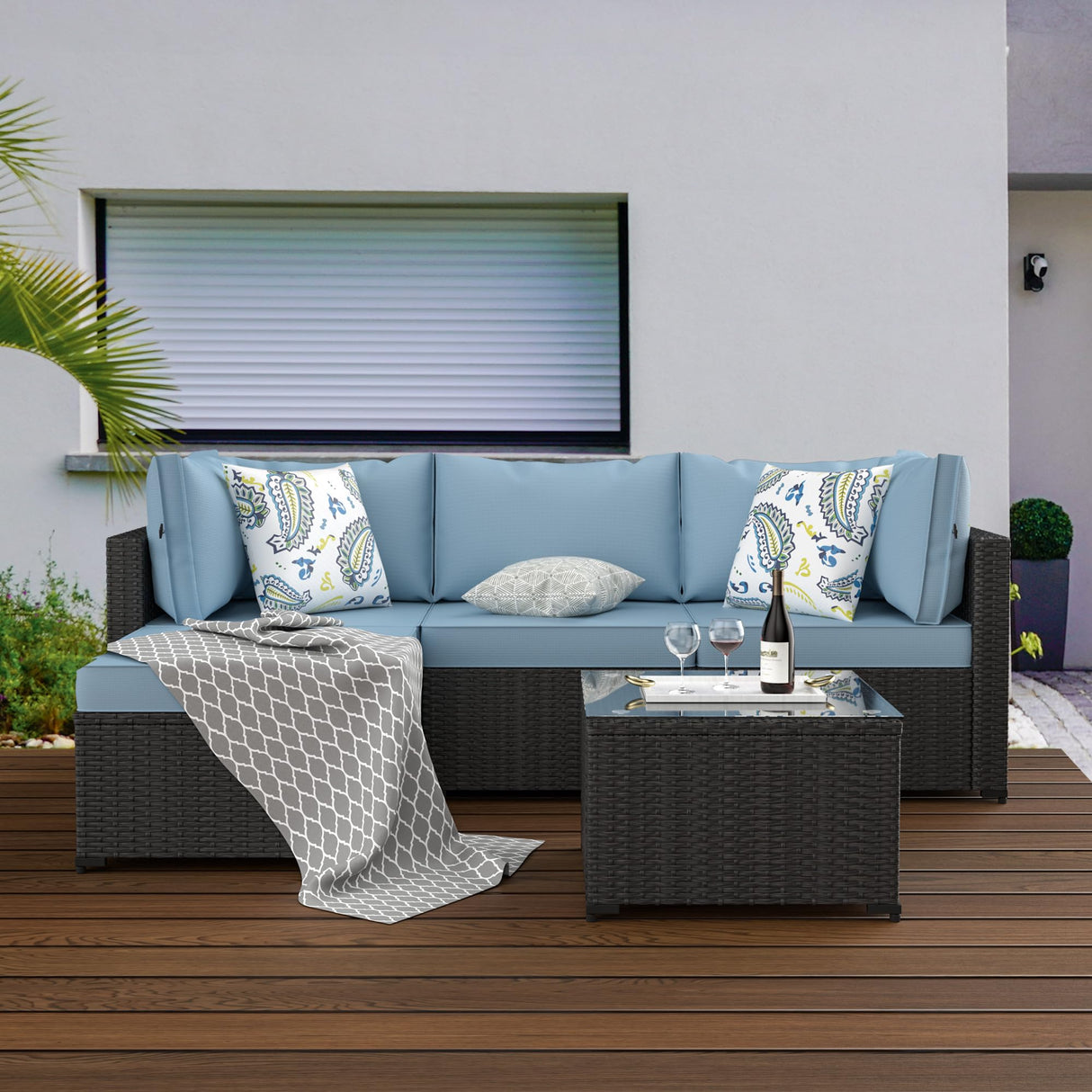 GOJOOASIS Patio Furniture Set Outdoor Sectional Sofa with Ottoman Wicker Couch Rattan Modular Seating Conversation Sets Porch Decor for Backyard, Balcony, Garden (Blue A) GOJOOASIS