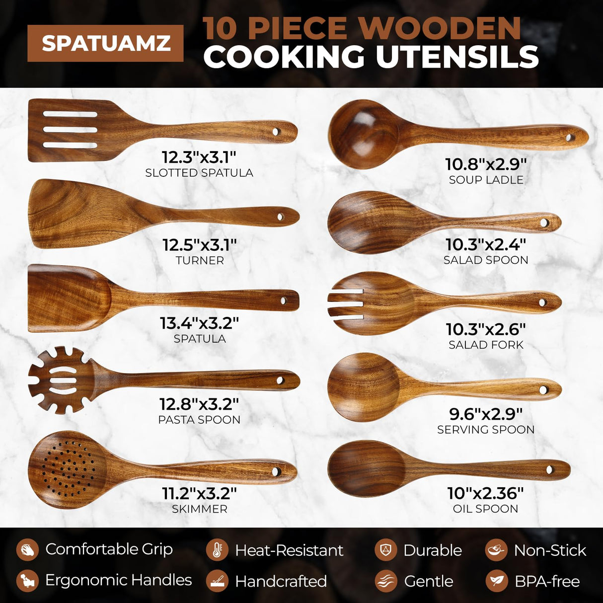 SPATUAMZ Teak Wood Spoons for Cooking, Elegant Wooden Cooking Set of 10, Excellent Kitchen Cooking Utensils Set for Home SPATUAMZ