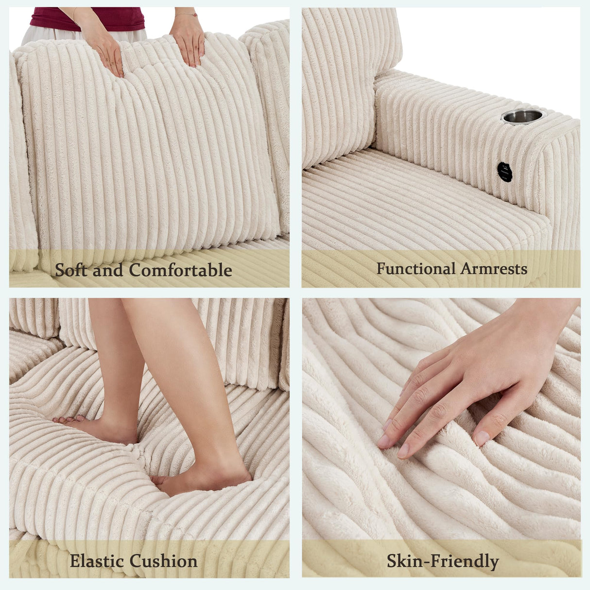 KEIKI 81" L-Shaped Oversized Corduroy Modular Sectional Sleeper Sofa with Pull-Out Bed, Storage Seat, Modern 5-Seater Upholstered Couch Bed with Charging Station, Easy Assembly, for Living Room, Beige KEIKI