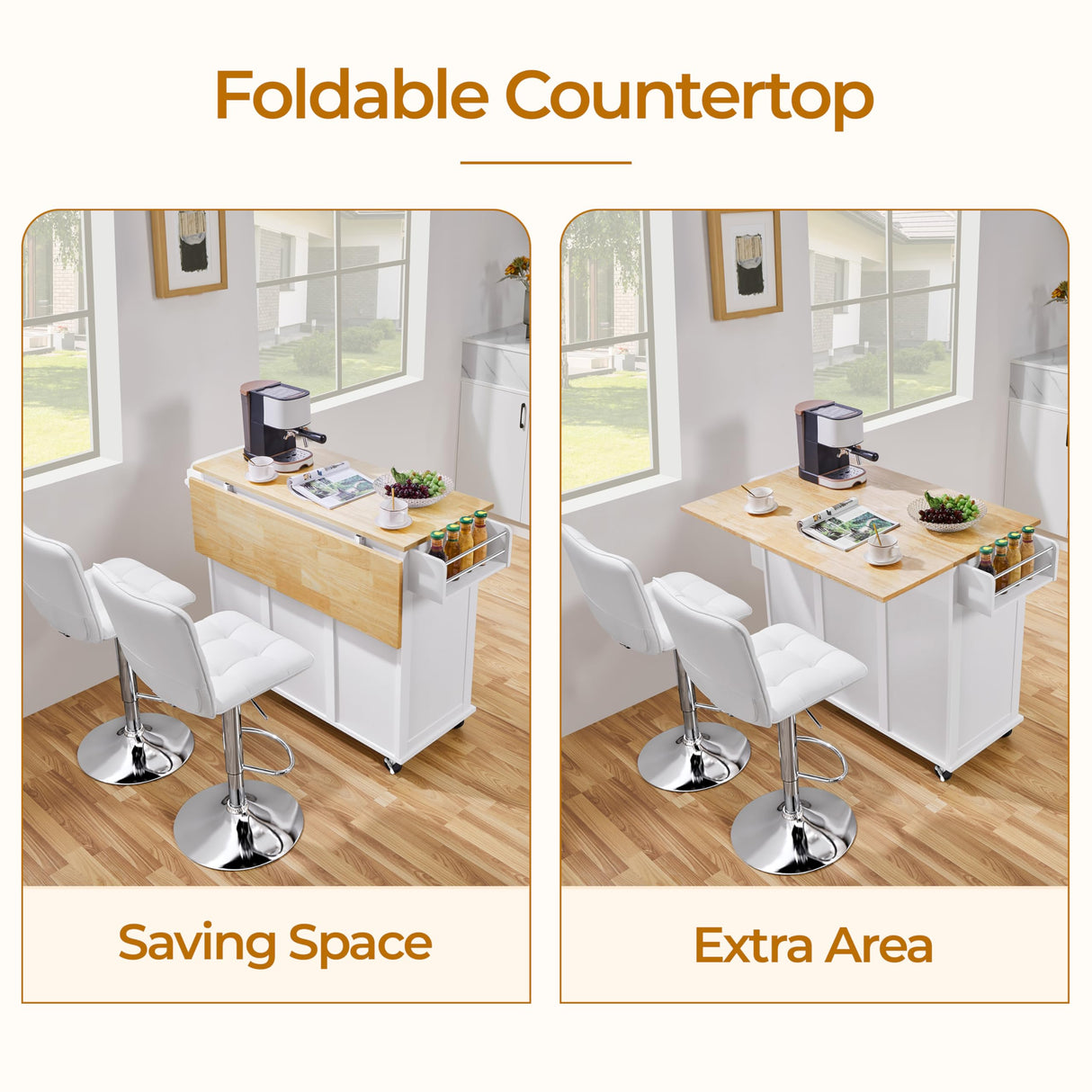 Yaheetech Rolling Kitchen Island with Drop Leaf, Kitchen Cart on Wheels with Storage Cabinet and Drawers, Rubberwood Top, Detachable Towel Rack, Spice Rack for Dining Room, White Yaheetech