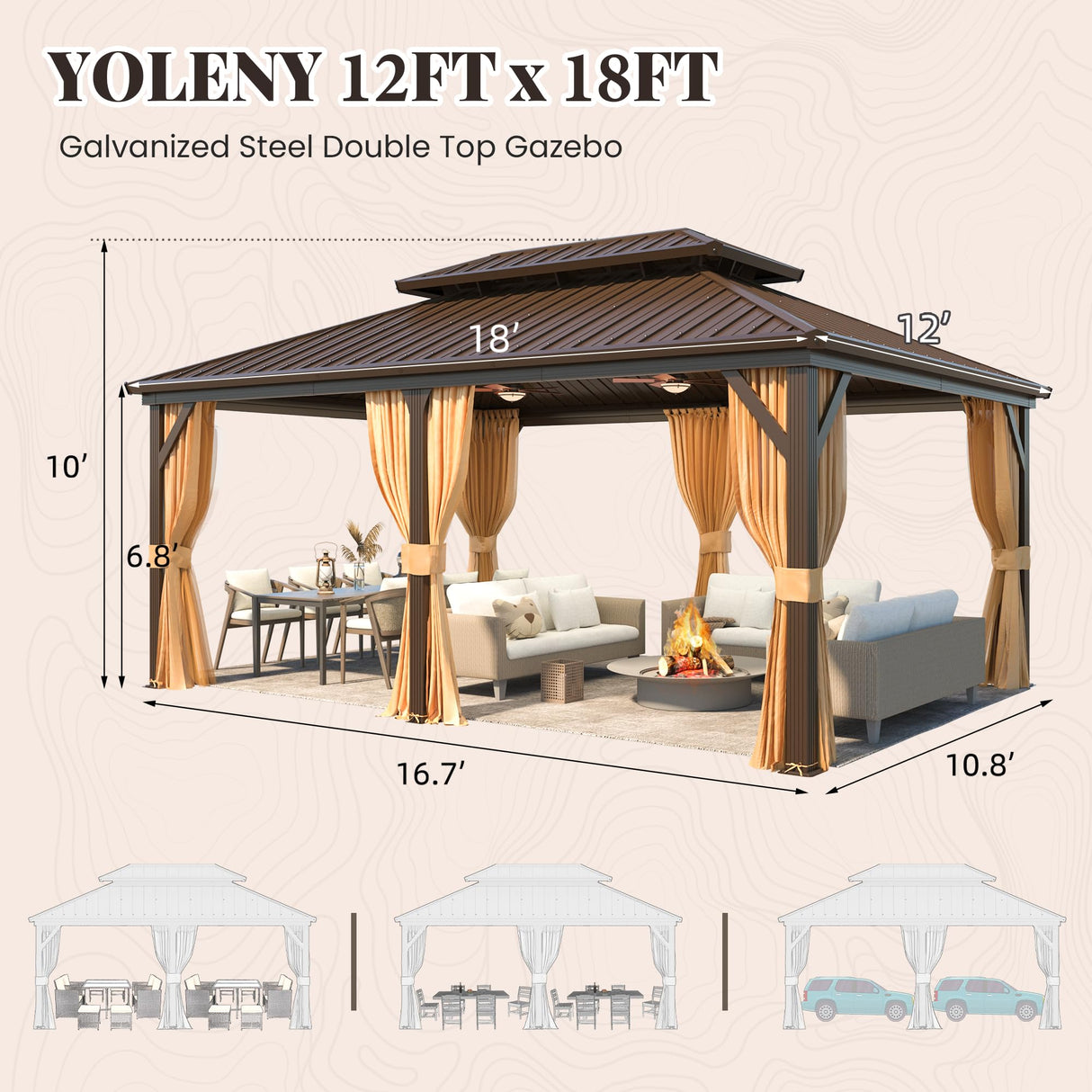 YOLENY 12' x 18' Gazebo, Hardtop Gazebo with Aluminum Frame, Double Galvanized Steel Roof, Curtains and Netting Included, Metal Gazebos Pergolas for Patios, Garden, Lawns, Parties YOLENY