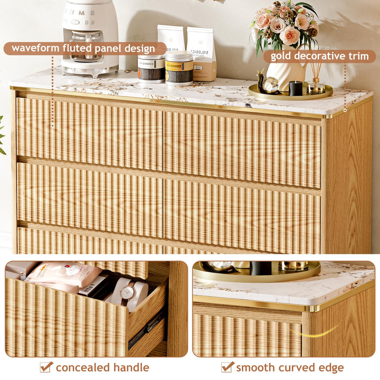 Ieejdn Fluted Dresser for Bedroom with 6 Drawers, 47.2" Modern Chest of Drawers with Faux Marble Top, Curved Profile Design,Dresser TV Stand, Wood Drawer Organizer for Living Room, Hallway, Oak1
