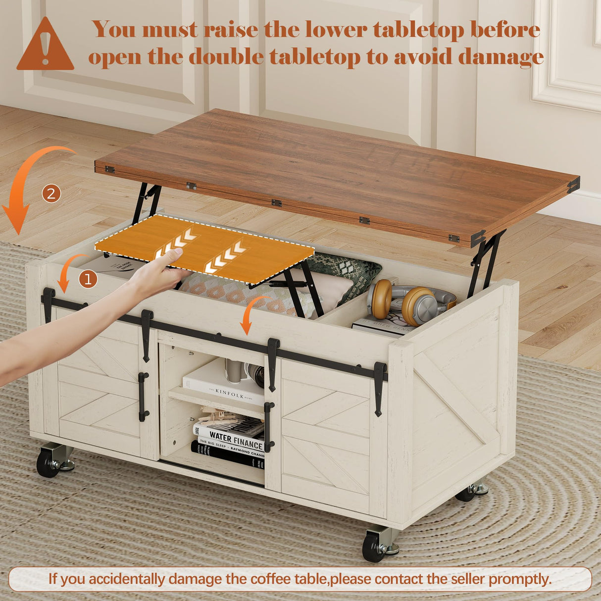 Turosur Lift Top Coffee Table with Storage, 4 in 1 Farmhouse Coffee Table with Lockable Rolling Wheels and Hidden Compartment, Center Table with 4 Sliding Barn Door for Living Room Turosur