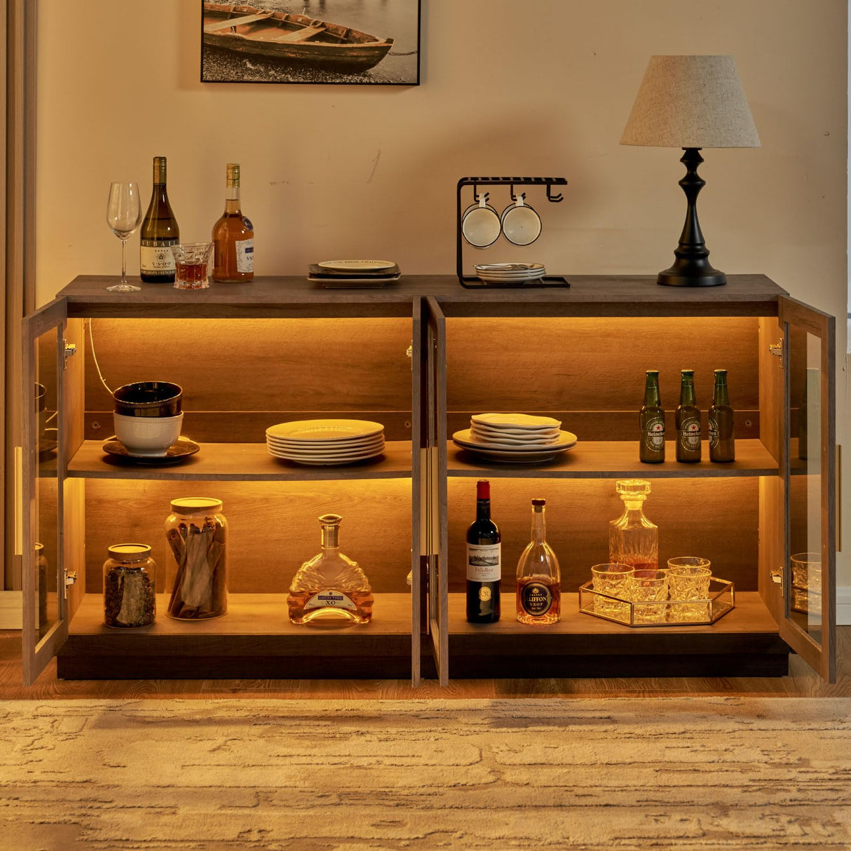 AMERLIFE Sideboard Buffet Cabinet with LED Lights, Mixed Color Accent Cabinet with Glass Doors and Adjustable Shelf, Hallway Storage Cabinet Console Table for Living Room, Dining Room, Black and Gray AMERLIFE