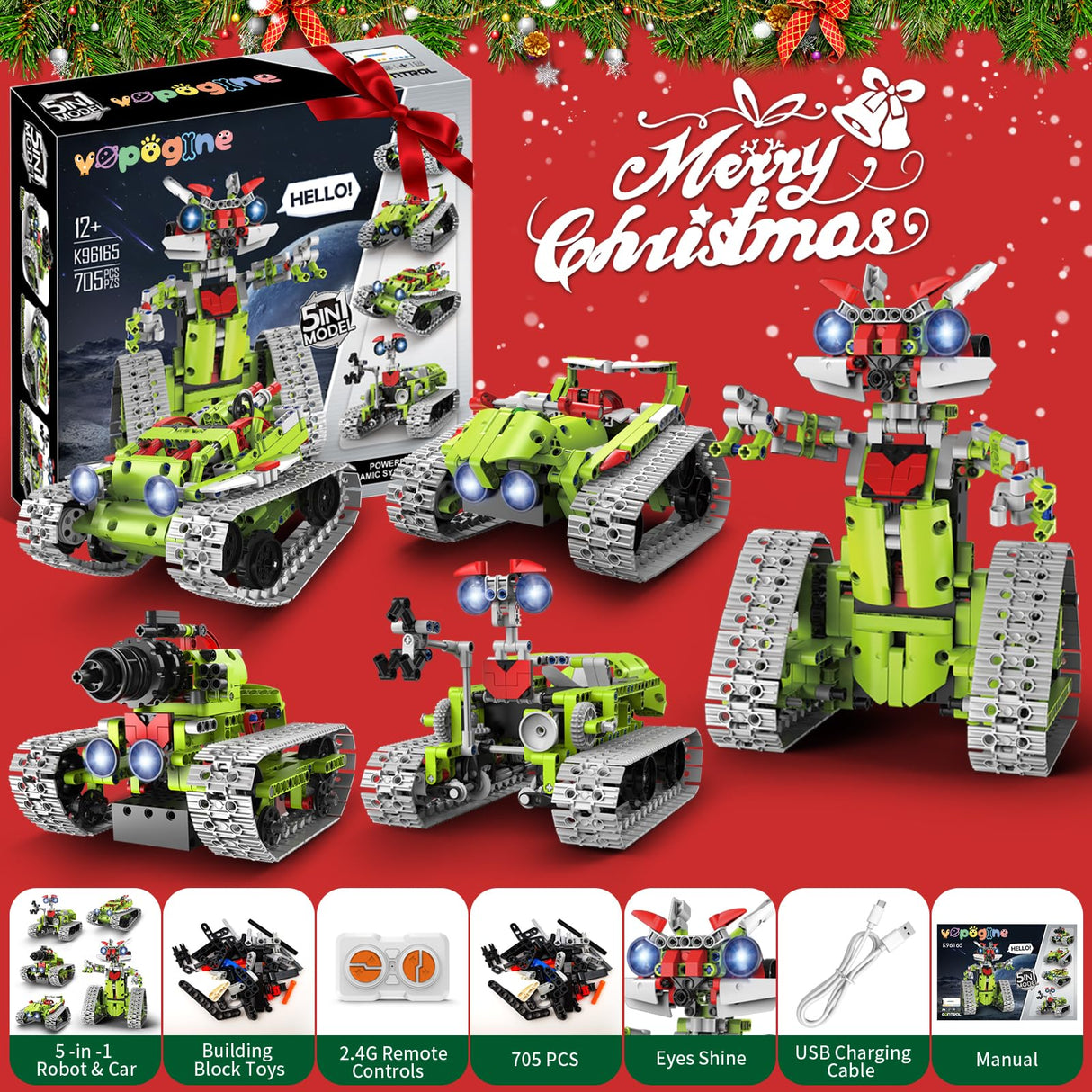 VOPOGLNE 5 in 1 STEM Robot Building Kit, APP & Remote Control Robotics Building Toys, 705 Pcs DIY Building Robot/RC Car/Tank with Light, Building Toy Gifts for Boys Girls Kids 8-16 Science Learning VOPOGLNE