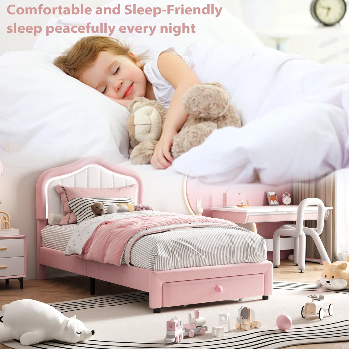 Twin Upholstered Bed Frame With Storage Drawer and Smart Led Headboard, Princess Twin Size Platform Bed Frames for Kids/Girls, Wooden Slats Support, No Box Spring Needed, Easy Assembly, Pink GarveeHome