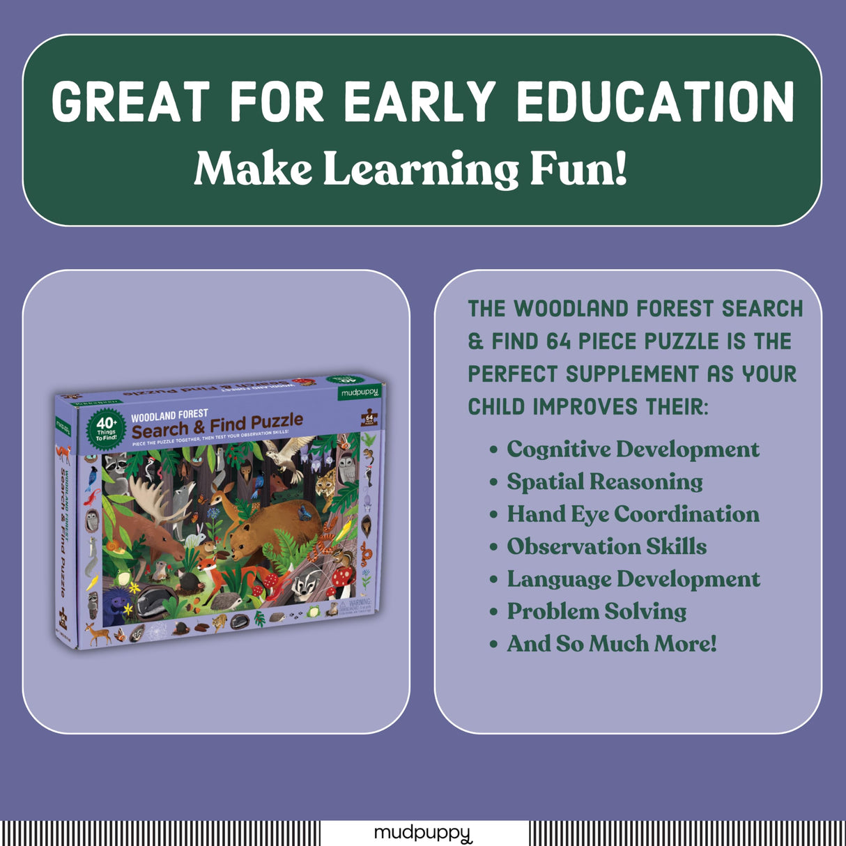 Mudpuppy Woodland Forest — 64 Piece Search & Find Puzzle Jigsaw Puzzle Featuring Diverse Woodland Animals and Over 40 Hidden Images to Find for Ages 4+ Mudpuppy