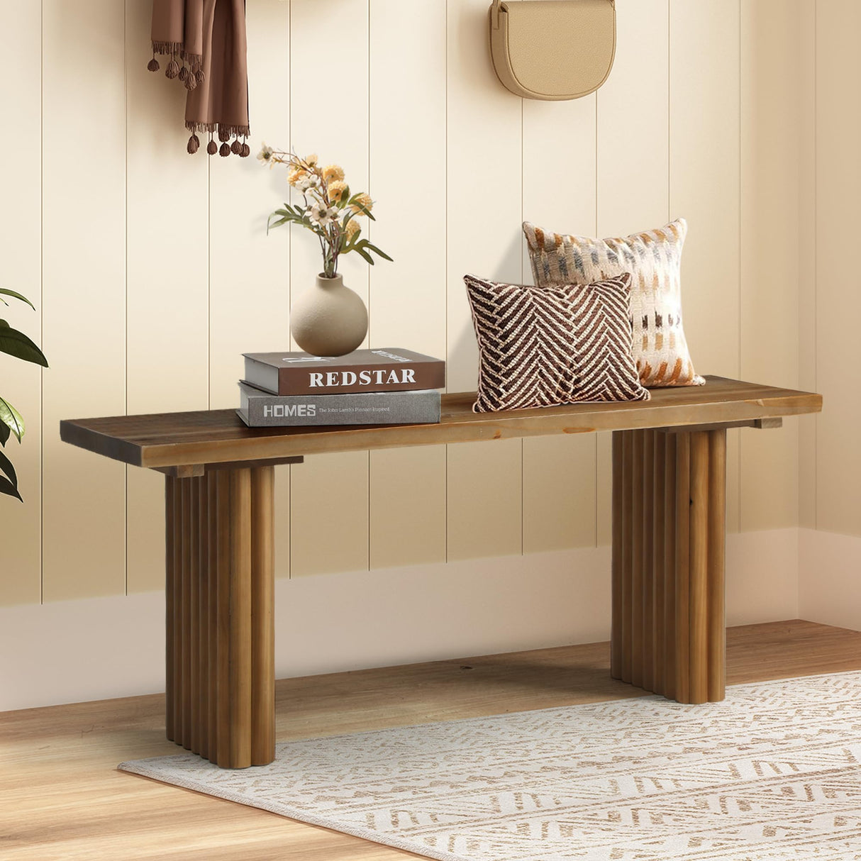 WINWY Solid Wood Entryway Bench - 43.3" Fluted Farmhouse Bench, Indoor Long Dining Bench Seat Narrow End of Bed Bench for Entry Way, Kitchen, Living Room and Bedroom, Brown WINWY