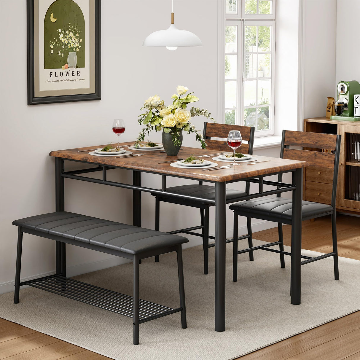 IRONCK Dining Table Set for 4, Kitchen Table with Upholstered Bench and 2 Chairs, Kitchen Table and Chairs Set for Small Space, Apartment, Rustic Brown IRONCK