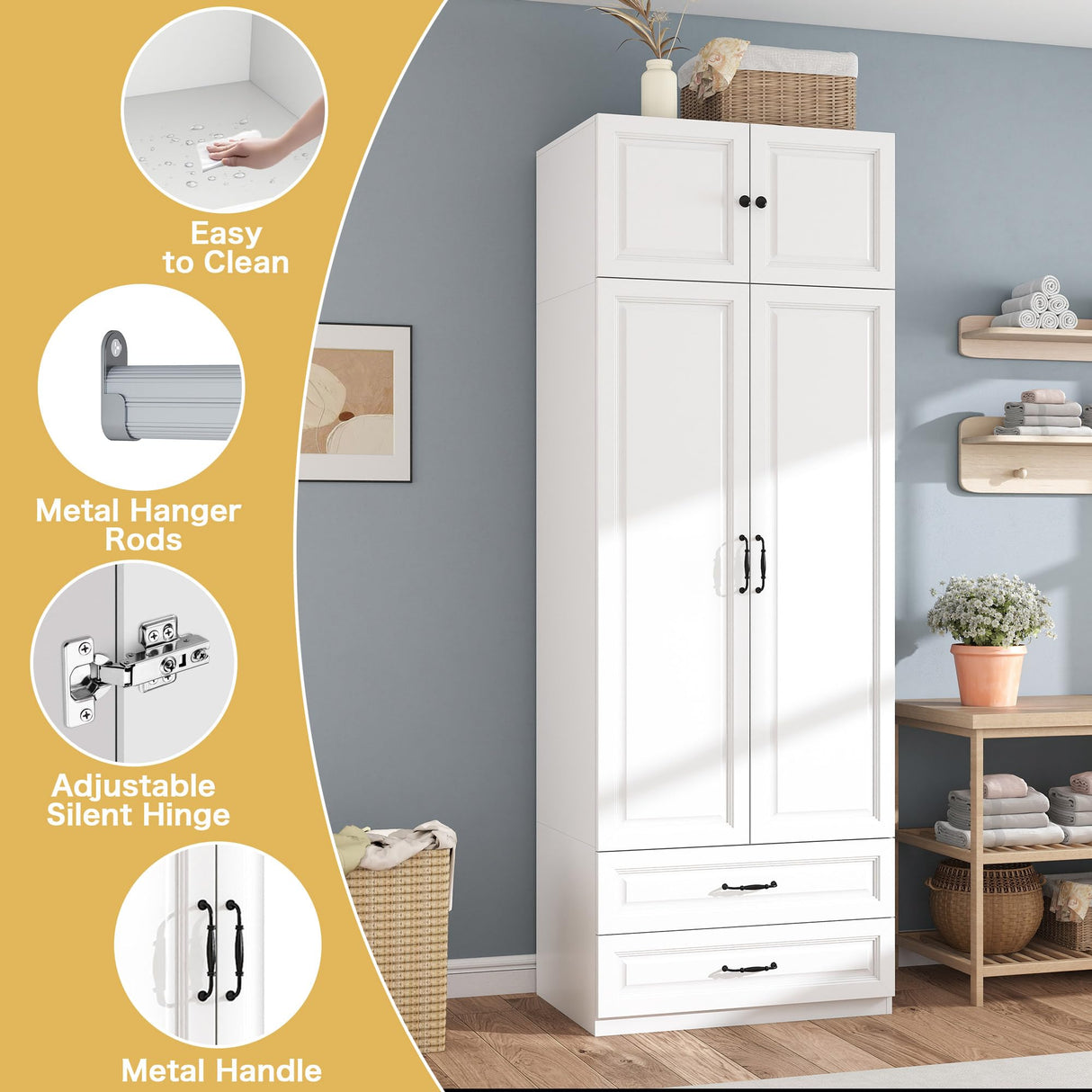 Armoire Wardrobe Closet with Doors: 89" Extra Tall White Wardrobe with Storage on Top, Bedroom Armoires with 2 Doors and 2 Drawers, Large Wood Closet Armoire for Hanging Clothes (A, 31.5") LABROSKIA