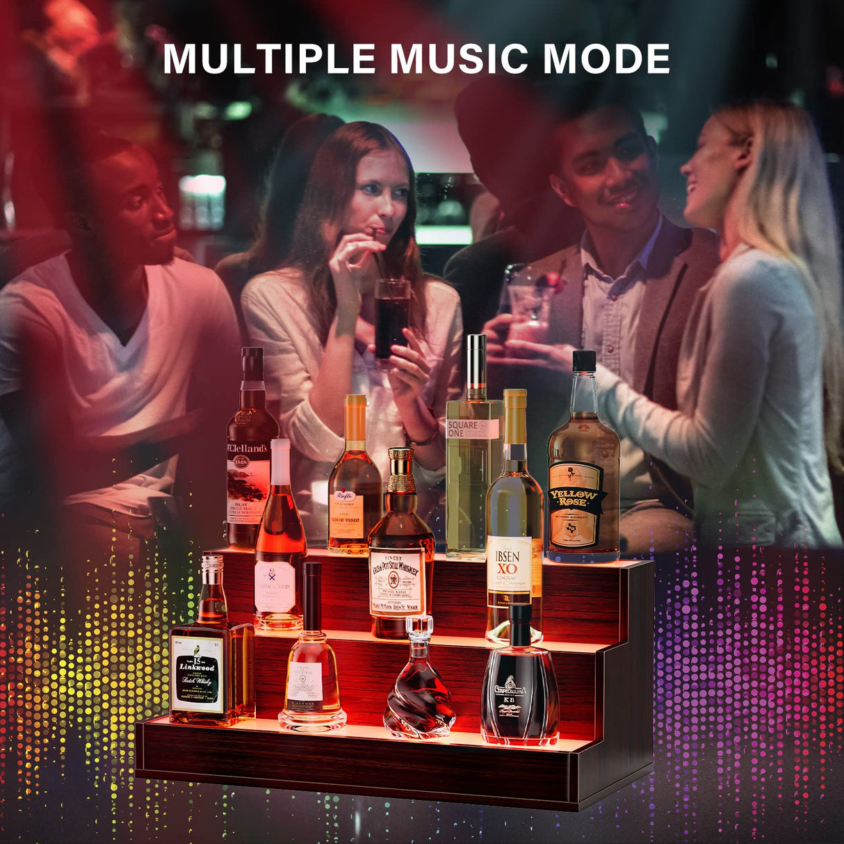 Cubehom LED Lighted Liquor Bottle Display Shelf, 24 Inch Bar Display Shelf with App & Remote Control 3 Tier for Home Bar, Party, Walnut Cubehom