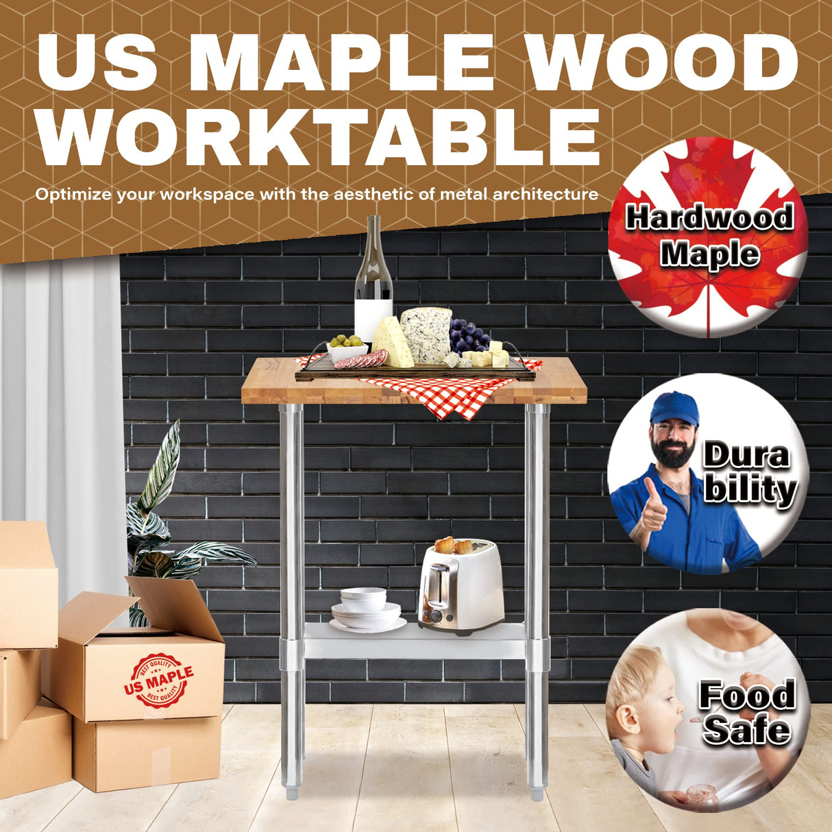 US Maple Top Work Table - 30 x 12 x 35 Inch Commercial Butcher Block Wooden Workbench with Adjustable Lower Shelf - Fits Restaurant, Warehouse, Home, DuraSteel