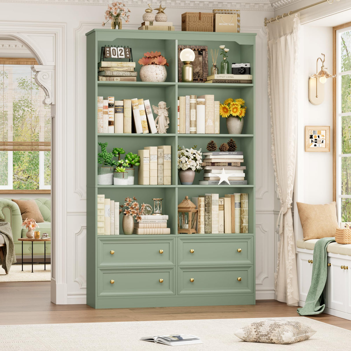 FINETONES 71" Tall Bookshelf with 4 Drawers, 6-Tier Double Wide Bookshelves and Bookcases with Storage, Green Bookshelf Large Open Bookshelves Standing Book Cabinet for Home Office FINETONES