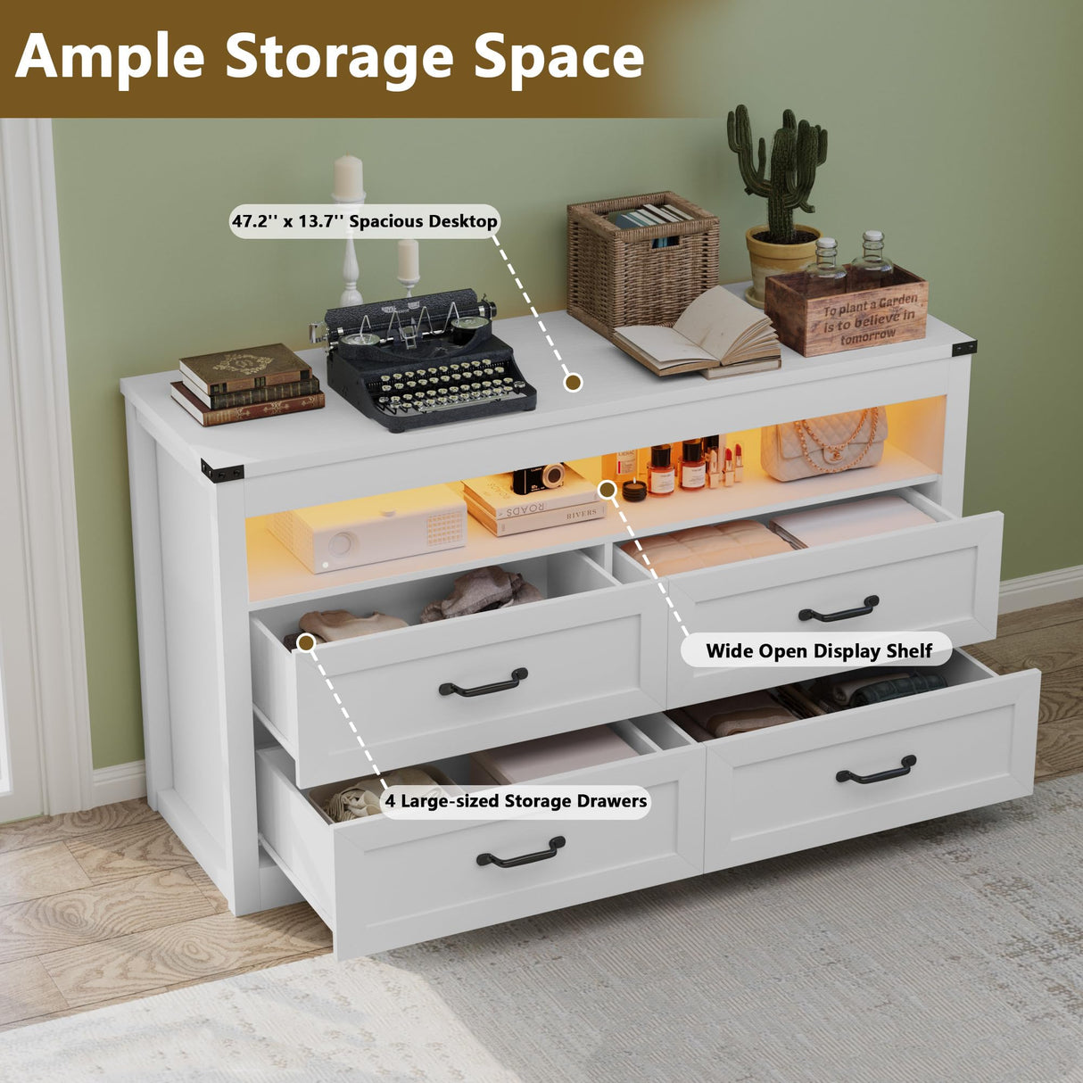 METOTI White Dresser for Bedroom with LED Lights, Farmhouse 4 Drawers Dresser with Open Shelf, Rustic Wood Chest of Storage Organizer Drawers for Living Room, Hallway METOTI