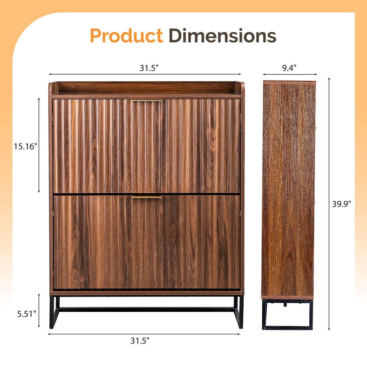 VINGLI Fluted Shoe Cabinet Storage for Entryway,Hidden Shoes Storage Cabinet with 2 Flip Drawers, Mid Century Modern Shoe Rack Organizer,Free Standing Shoes Organizer for Hallway(Dark Walnut) VINGLI