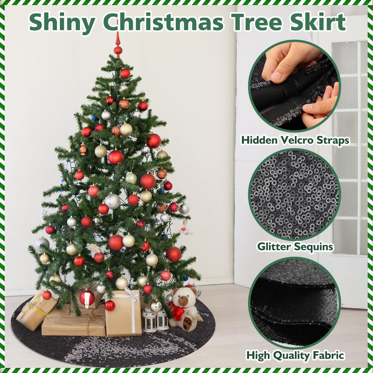 MACTING Christmas Tree Skirt 30 Inch Small Black Glitter Sequin Tree Mat Sparkly Tree Base Cover for Farmhouse Holiday Party Indoor Home New Year Xmas Tree Decorations MACTING