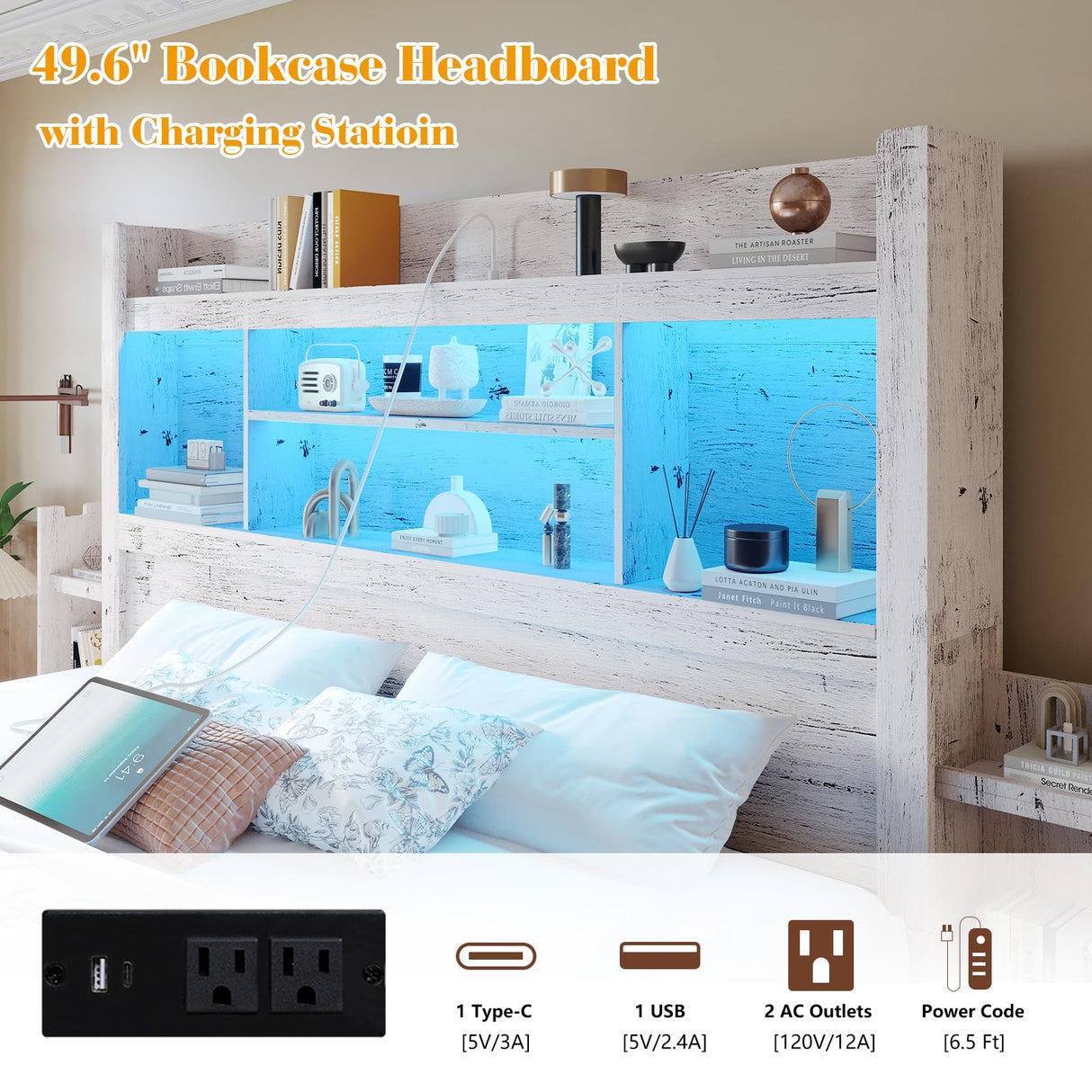 LUXOAK Distressed White King Bed Frame with Bookcase Headboard, RGB LED & Charging Station LUXOAK