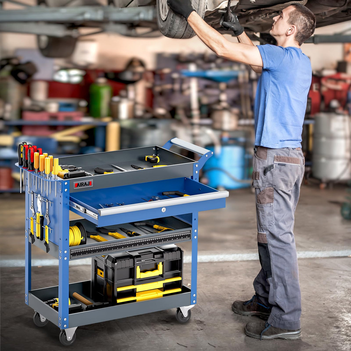 AIRAJ PRO 3 Tier Tool Cart,440 LBS Capacity Rolling Tool Cart with Drawers,Heavy Duty Industrial Service Tool Cart on Wheels with Pegboard Hooks for Mechanics,Garage,Warehouse,Workshop,Blue AIRAJ PRO