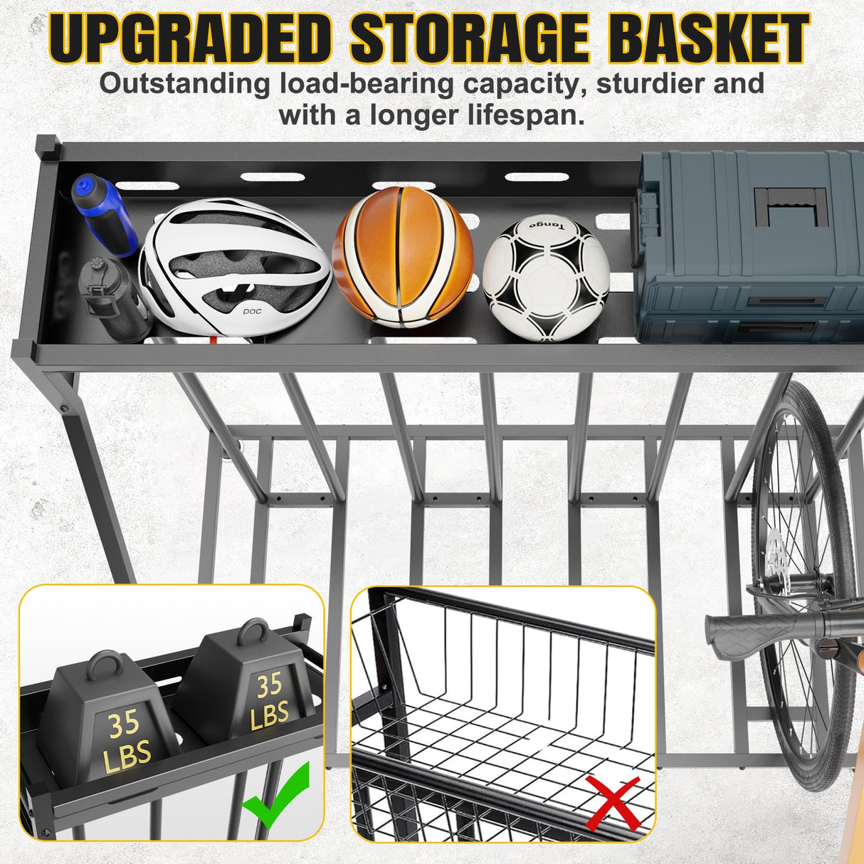 Hedyzone 4 Bike Stand Steady Bike Rack Garage with Baskets Storage Indoor Bike Storage Rack Metal Floor Bicycle Station for Parking Suitable for Mountain, Hybrid, Adult and Kids Bikes Hedyzone