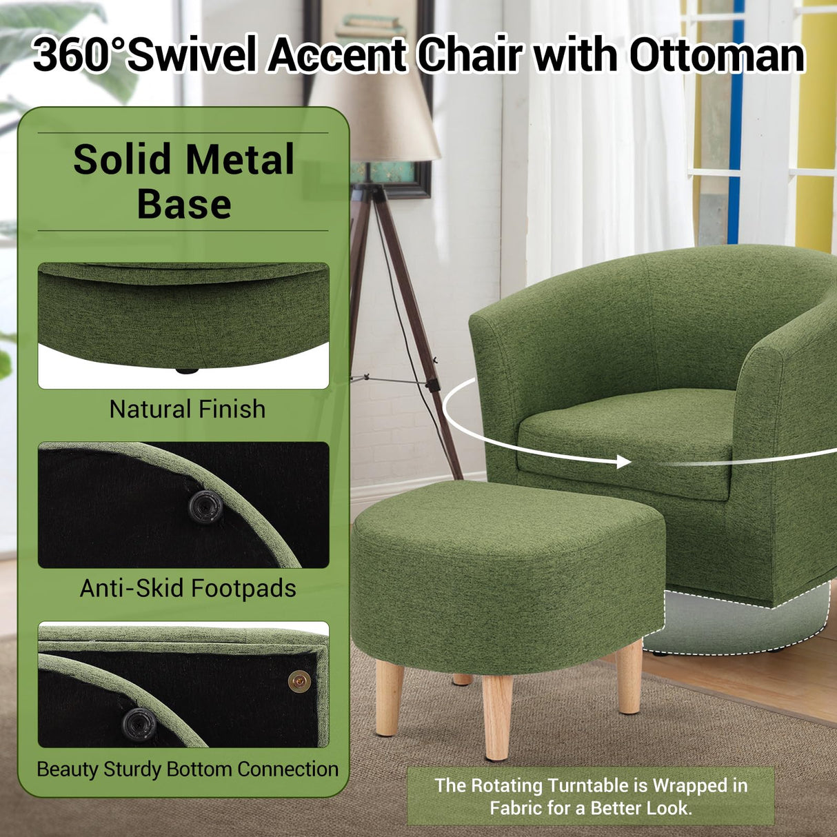DAZONE Green Swivel Accent Chair with Ottoman, Comfy Barrel Armchair for Small Spaces, 360° Modern Fabric Lounge Chair for Living Room, Bedroom, Reading Nook, Home Office DAZONE