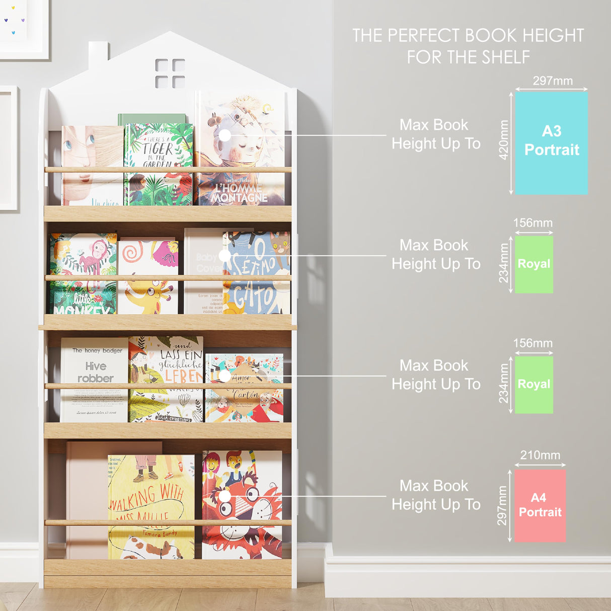 UTEX Kids Bookshelf Wall Mounted, 4-Tier Book Shelf Organizer, Tall Wooden Children's Bookcase, Storage Book Rack for Kids Room, Nursery, Bedroom, Living Room, White UTEX