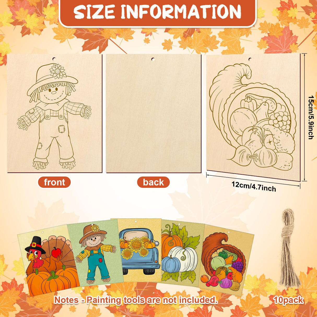COCHIE 10PCS Large Thanksgiving Unfinished Wood Crafts to Paint for Adults Kids, Bulk Predrilled Wooden Ornaments for Painting, Pumpkin Scarecrow Paintable Wood Slices Craft Supplies with Ropes COCHIE
