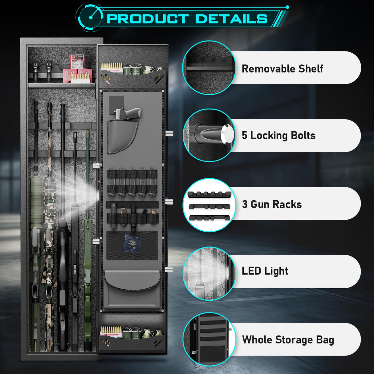 5-6 Rifle Gun Safe, Biometric Gun Safe, 57" Long Gun Safe for Rifles and Pistols, Quick Access Gun Cabinet for Rifles and Shotguns with Backlit Touch Keypad, Dual Alarm System, 3 Gun Racks Luzfuego