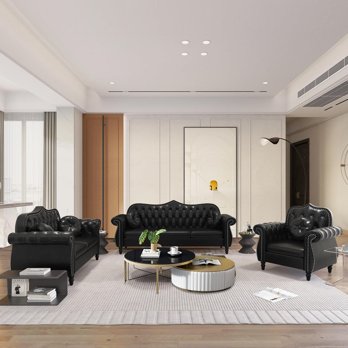 AVZEAR 82" Three Seater Leather Sofa, Chesterfield Sofa, Mid-Century Modern PU Upholstered Sofa Couch, Deep Button Tufted Living Room Sofa with Two Throw Pillows, Black AVZEAR