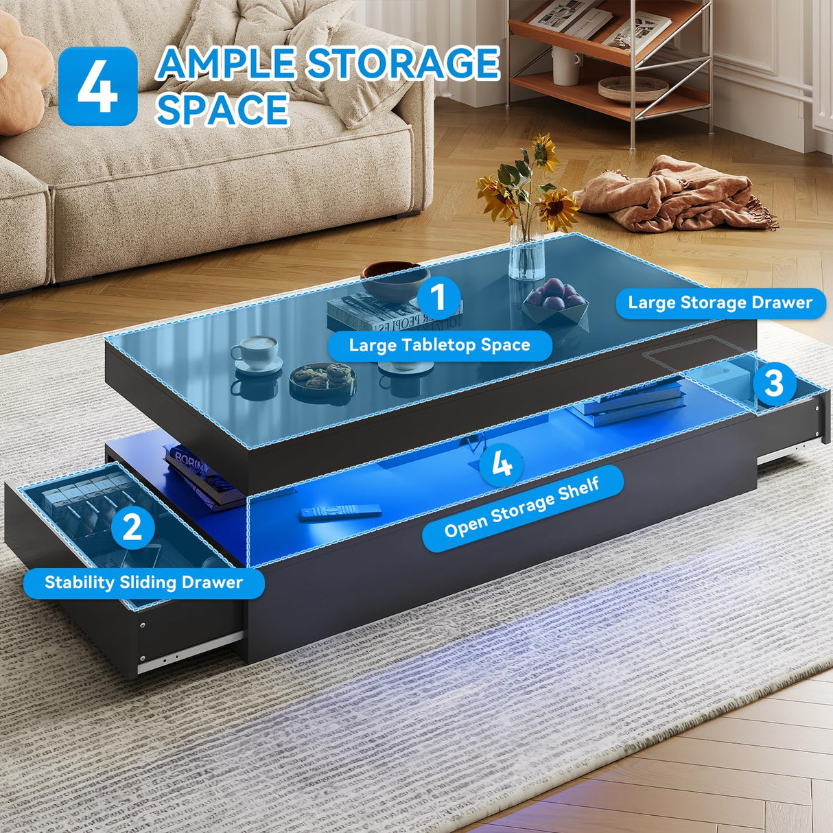 Nordivale 47” High-Glossy LED Coffee Table with 2 Sliding Drawers, Living Room Storage Coffee Tables, Modern Stylish Double-Layer Center Tables with LED Lights, Black Nordivale