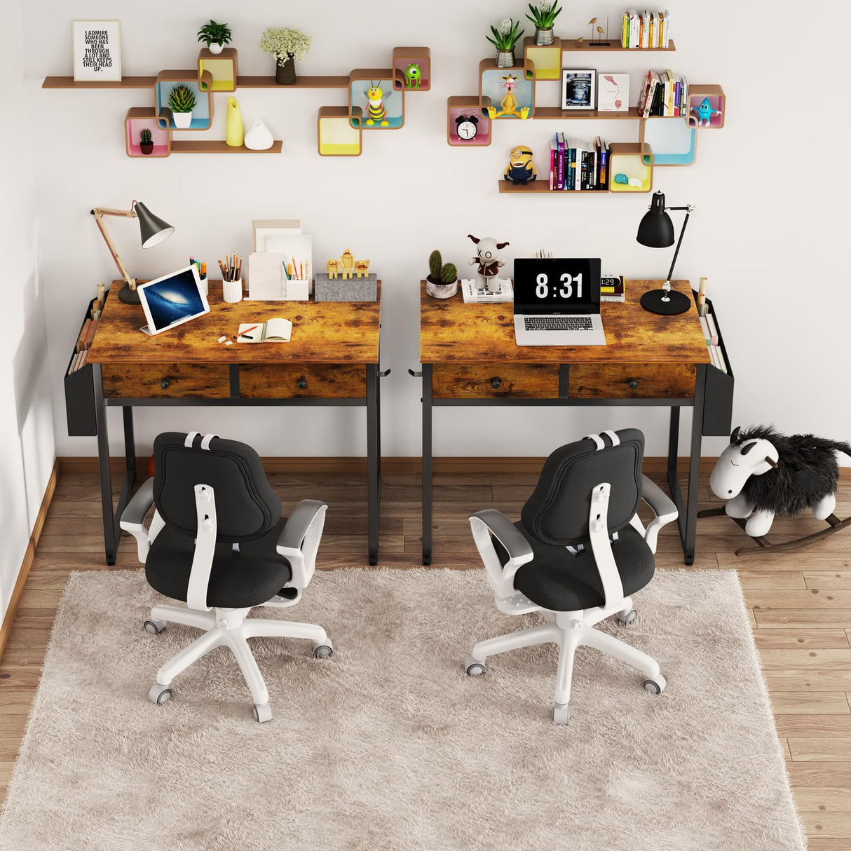 Lufeiya Small Computer Desk with 2 Drawers for Bedroom, 31 Inch Home Office Desk with Storage Fabric Drawer and Bag, Study Writing Table for Small Spaces, Rustic Brown Lufeiya