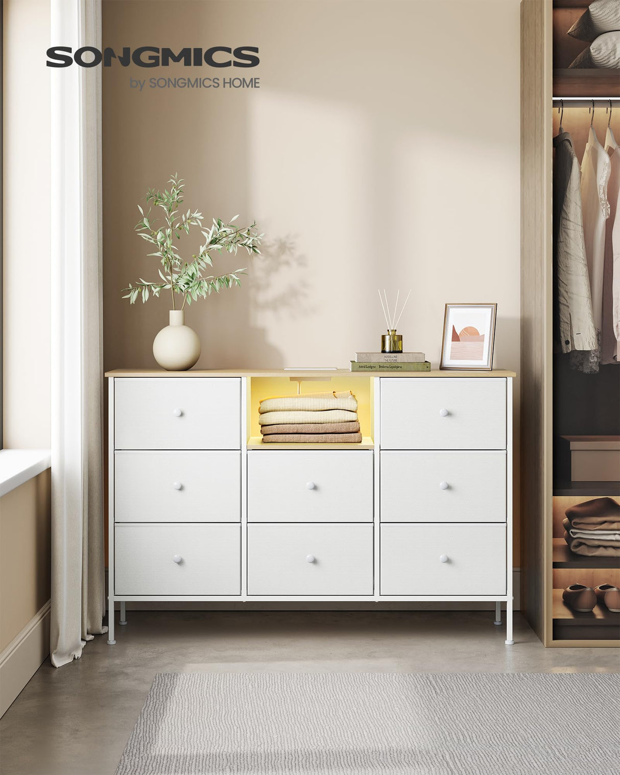 SONGMICS Dresser with Power Outlets and LED Lights, Fabric Chest of Drawers, 25 Colors, 8 Drawers, TV Stand for up to 60 Inch TVs, 11.8 x 47.2 x 31.3 Inches, Cloud White and Oak Beige ULTS518W01 SONGMICS