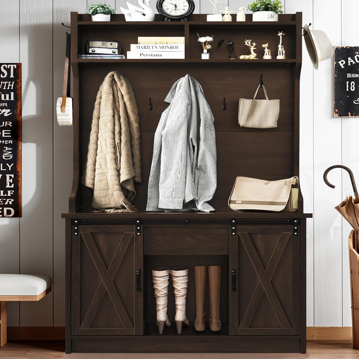 4ever2buy Farmhouse Hall Tree with Storage, 42 Inch Wide Entryway Bench with 2 Sliding Barn Doors, Brown Tall Hall Tree with Coat Rack & Shoe Storage for Living Room 4ever2buy