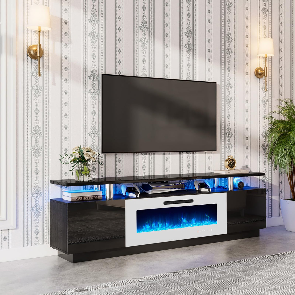 LUXOAK 80" Fireplace TV Stand, Modern High Gloss Finish Media Console with 40" Electric Fireplace, Open Storage Entertainment Center for TVs Up to 90" with LED Lights, Black/White LUXOAK