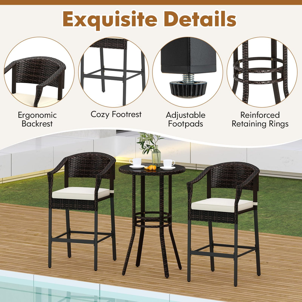 RELAX4LIFE 3-Piece Outdoor Bar Set - Patio Wicker Rattan Bar Height Barstools w/Cushions, Footrest, Round Glass Top Table, High Top Bistro Table & Chairs Set of 2 for Pool Porch Balcony (Brown-Beige) RELAX4LIFE