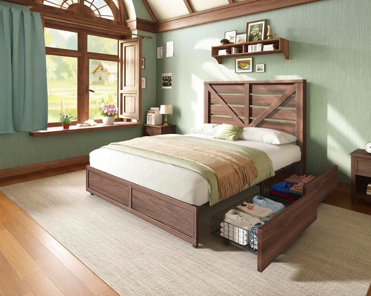 AMERLIFE Full Size Farmhouse Bed Frame with 4 Drawers, Wooden Storage Bed Frame with Headboard and Heavy Duty Metal Slats, Noisy Free, Easy Assemble, Rusric Brown AMERLIFE