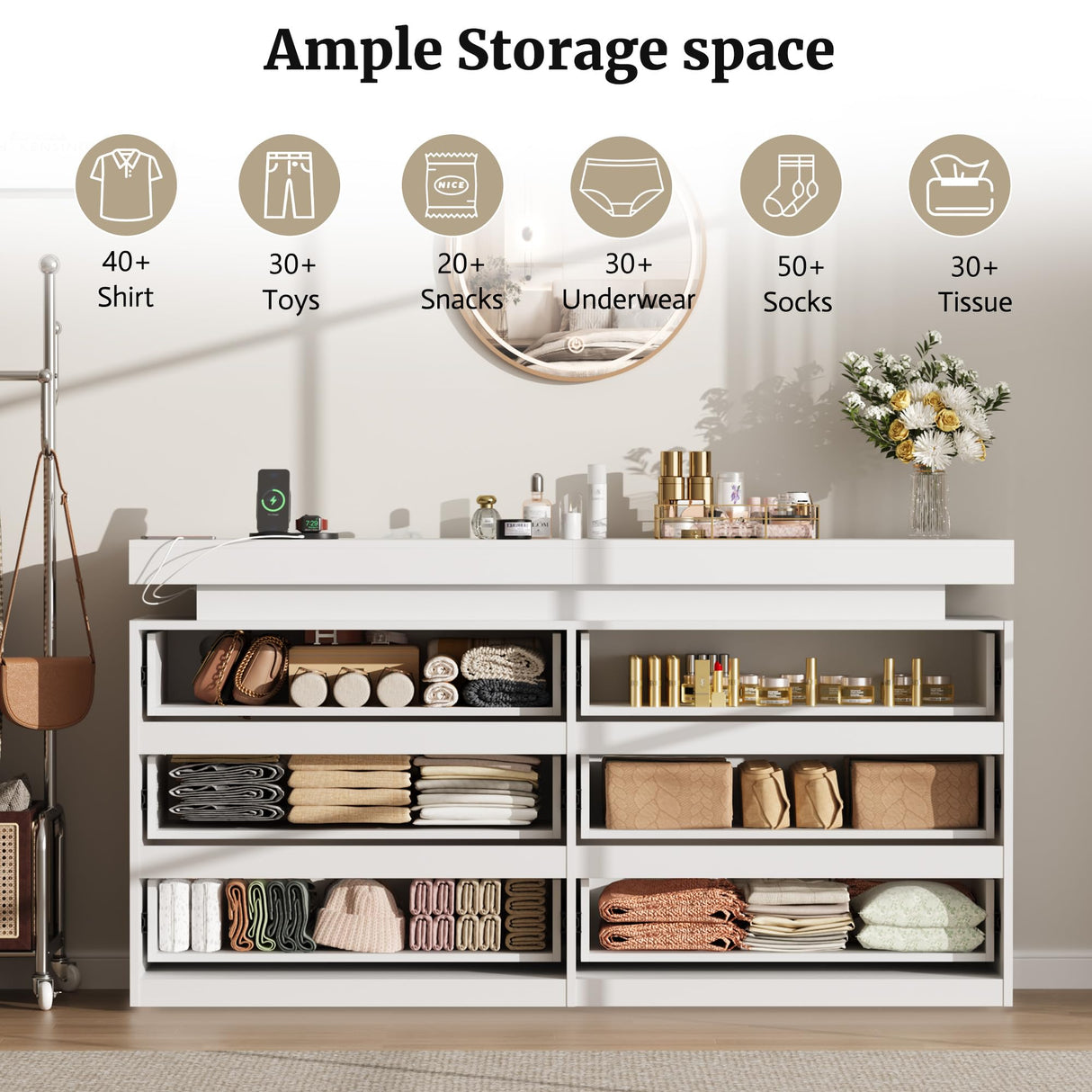 White Dresser with LED Lights,6 Drawer Dresser for Bedroom Sliding Desktop and Power Outlet Modern Wood Chest of Drawers for Closet Organizer Cabinet for Bedroom, Living Room, Entryway, Hallway Vipbear