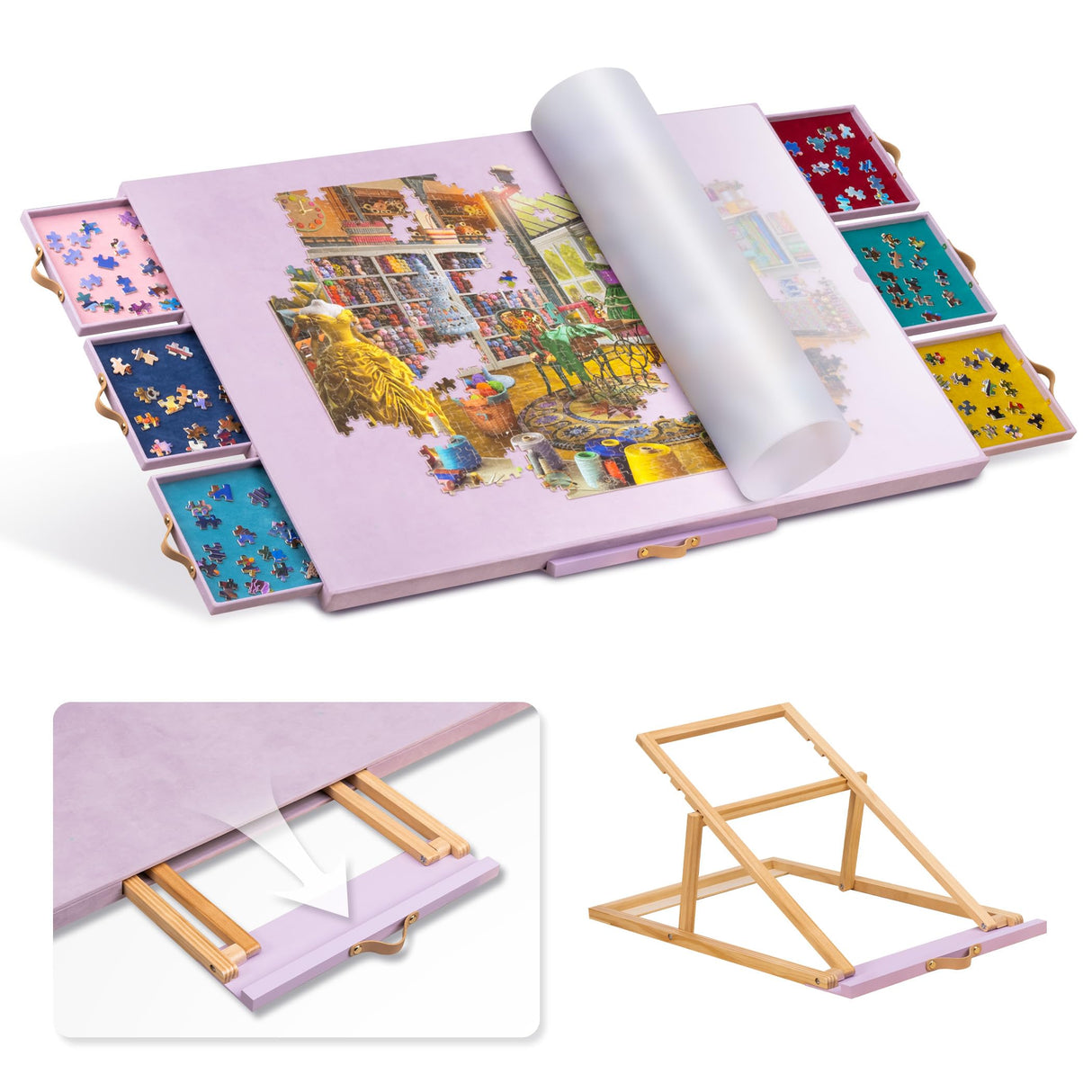 Jigpal Jigsaw Puzzle Table with Integrated Adjustable Stand/Bracket and Cover, 3-Tilting-Angle Portable Puzzle Board with 6 Sorting Drawers, Non-Slip Flannelette Covered for Up to 1500 Pieces