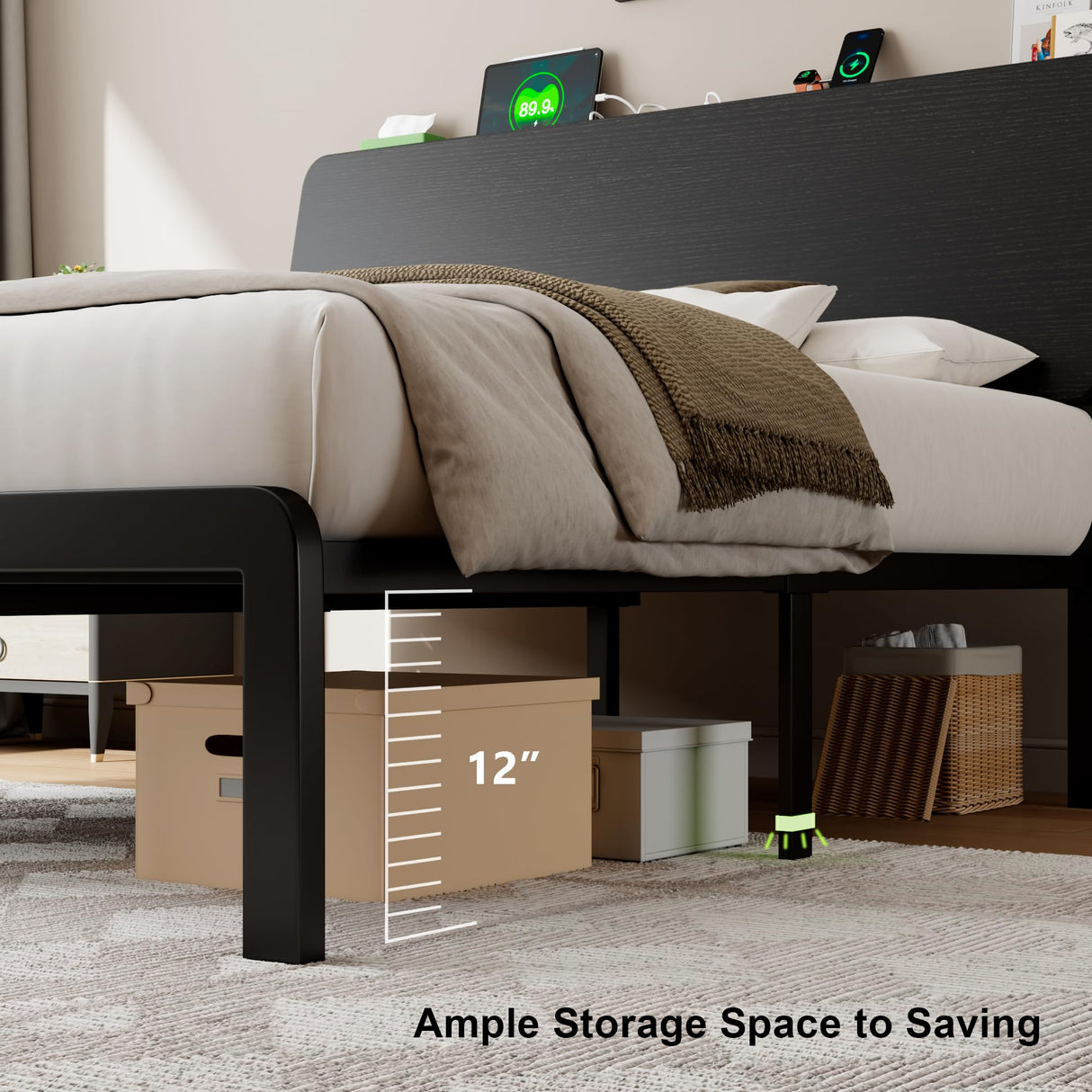 Feonase Full Size Bed Frame with Ergonomic Storage Headboard & Charging Station, LED Platform Bed Frame, Heavy Duty Metal Slats, No Box Spring Needed, Easy Assembly, Black Feonase