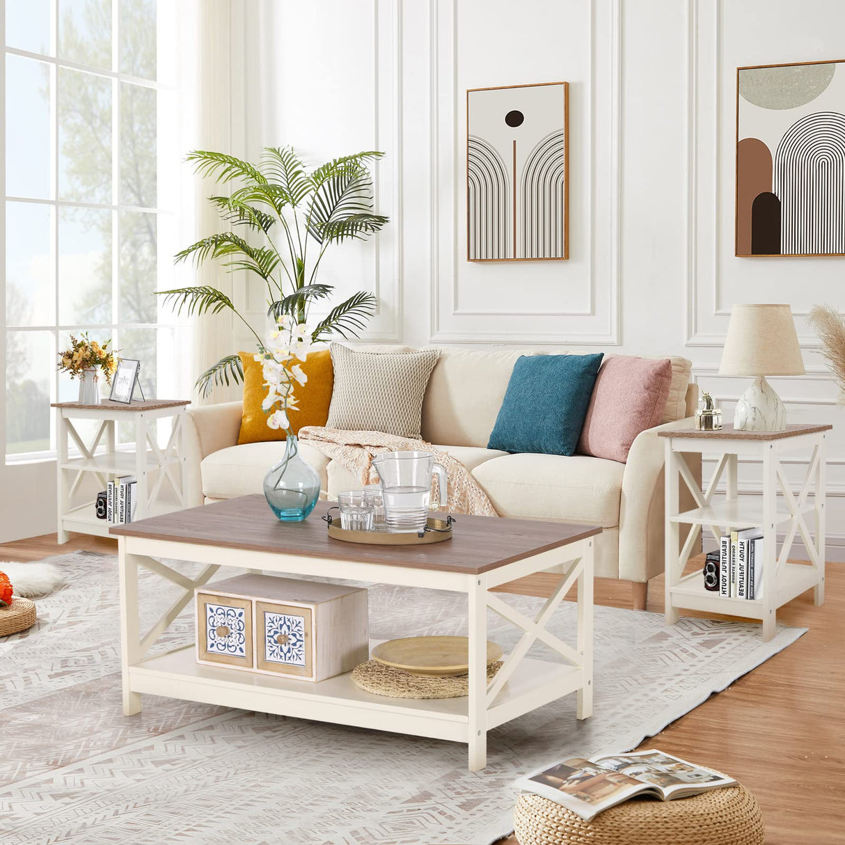 PHI VILLA End Table Living Room Set of 2 - Side Table for Small Spaces Farmhouse Bedside Table, Bedroom Nightstands Set White PHI VILLA