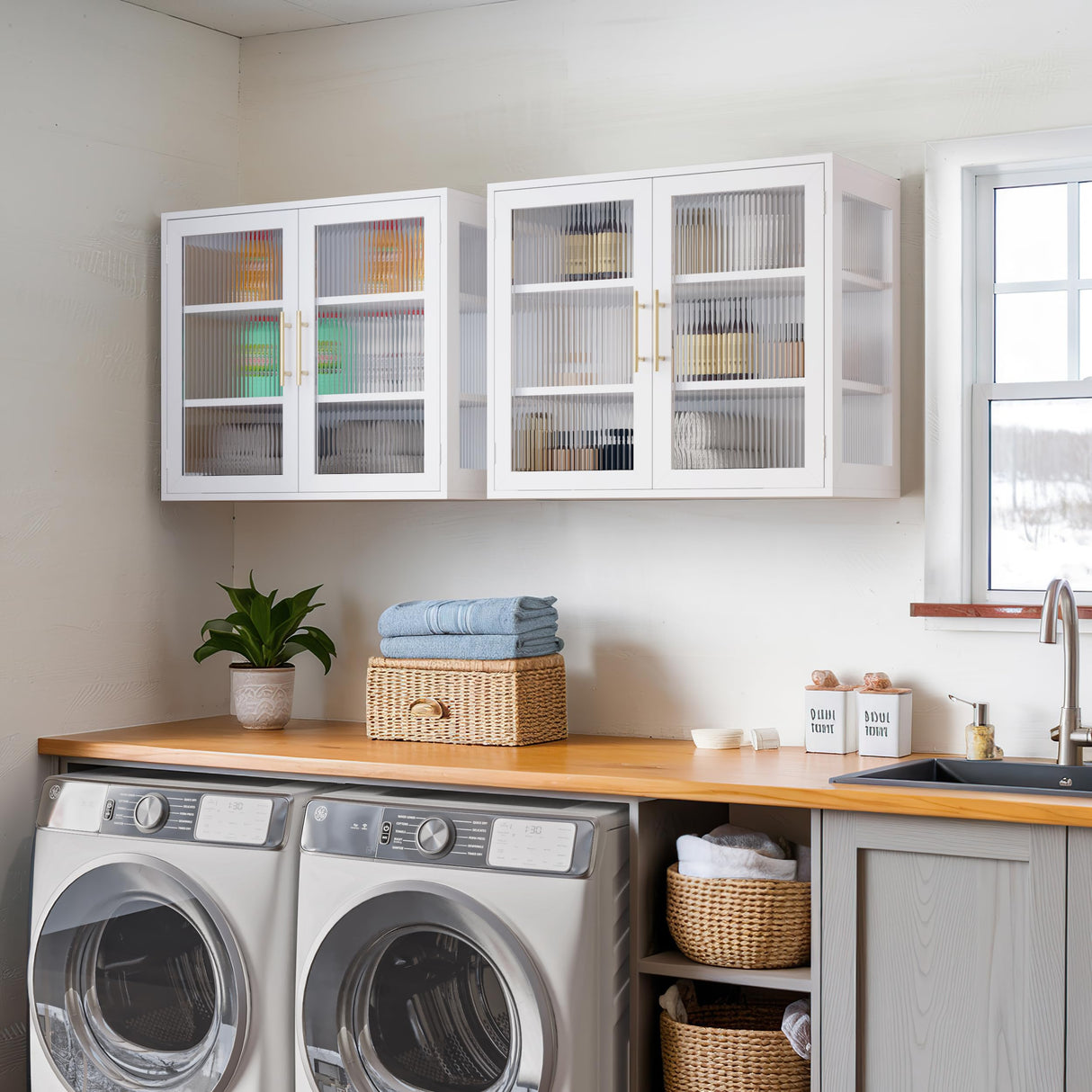 NEWOWNDS Wall-Mounted Bathroom Cabinet with Glass Door & Adjustable Shelves, Floating Storage for Kitchen & Laundry, White NEWOWNDS