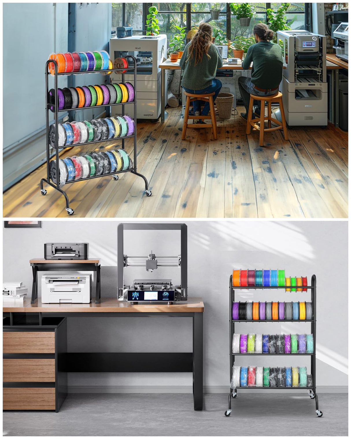 AHOWPD 3D Printer Filament Storage Rack - 4 Tier Rolling Filament Spool Holders Racks with Wheels, Heavy Duty Metal Shelf for PLA/ABS/TPU, Filaments Organzied for 3D Printing Studio, Office Workshop AHOWPD