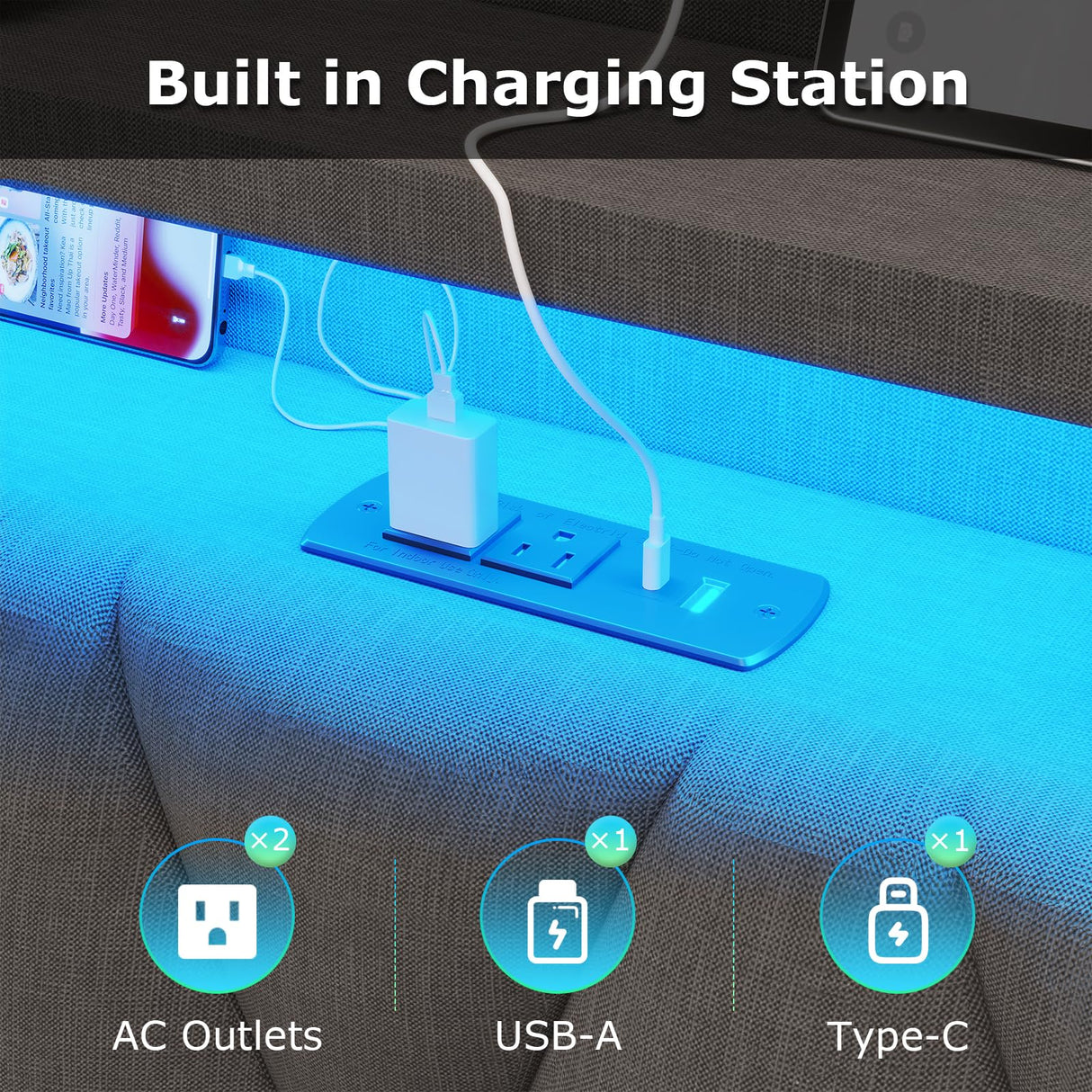 King Size Bed Frame with Marshmallow Headboard and Storage, Metal Bed Frame with LED Lights & Charging Station, Upholstered Platform King Bed with Metal Support, No Noise, No Box Spring Needed,Gray busyaeh