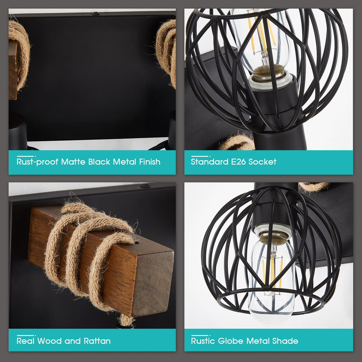 Farmhouse Bathroom Light fixtures, 3 Light Wood Bathroom Lights Over Mirror, Rustic Rattan Black Vanity Light with Globe Metal lampshade, Sconces Wall Lighting for Bathroom, Living Bedroom Hallway Zhizenl