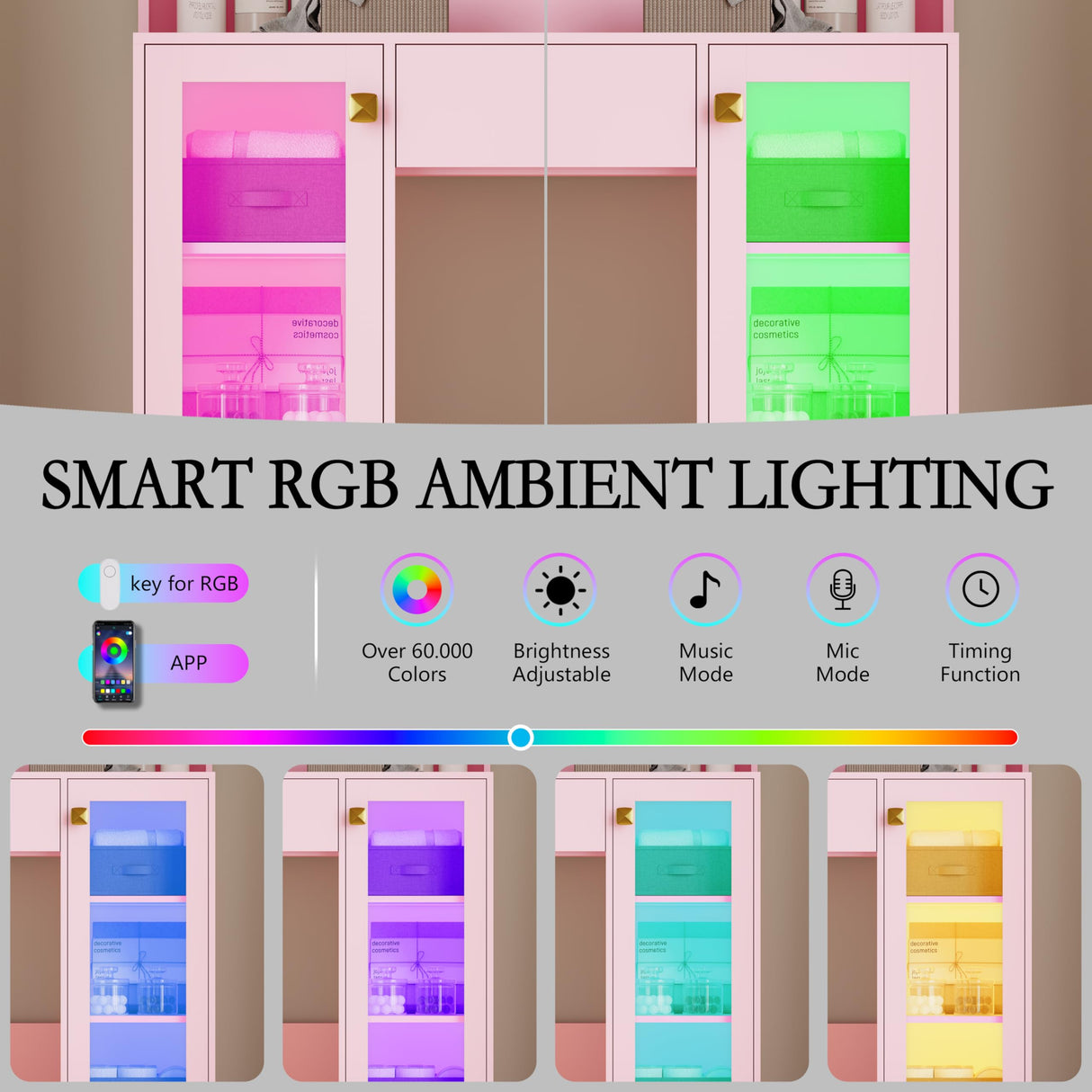 Vanity Desk with Mirror and Lights, Small Makeup Vanity Table with RGB Storage Cabinet & Power Strips & Shelves, 3 Lighting Modes & Adjustable Brightness, Dressing Table for Women Girls Bedroom, Pink Xixini