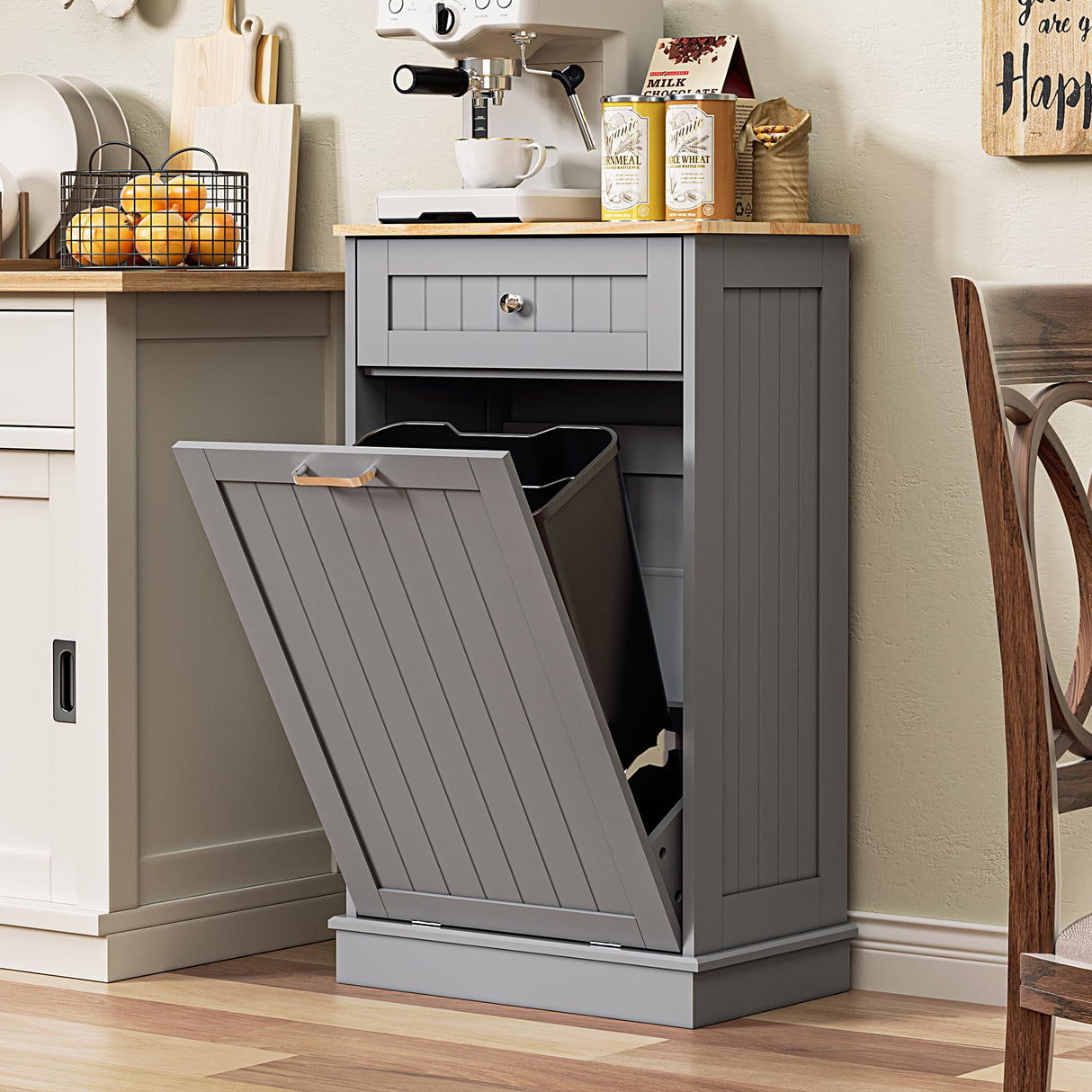 Spurgehom 13 Gallons Tilt Out Trash Cabinet Kitchen Waste Bins Free Standing Laundry Hamper Recycling Cabinet Trash Can Holder with Hideaway Drawer Pet Proof Trash Can for Living Room, Grey Spurgehom