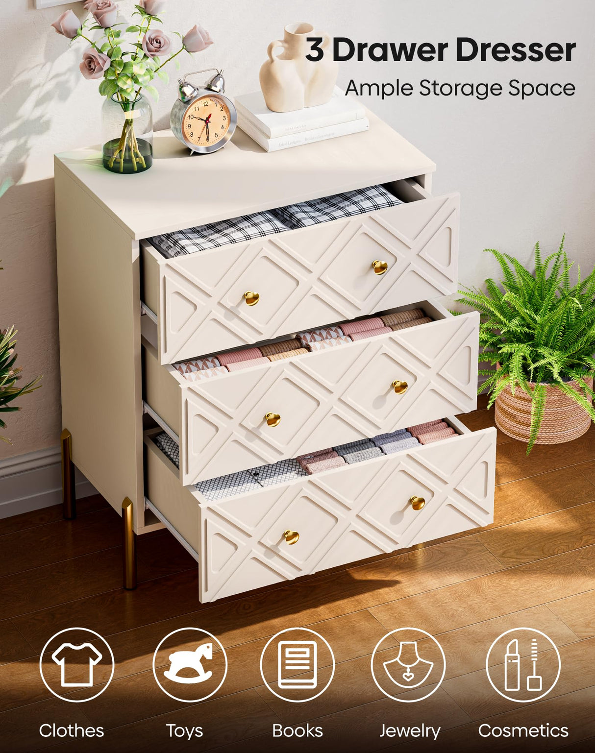 TRINEAR 3 Drawer Dresser, Wood Drawers for Bedroom with Metal Legs, Modern Dressers with Wide Storage, 30 inch Large Nightstand with Diamond Design for Living Room, Hallway, Entryway, Cream TRINEAR