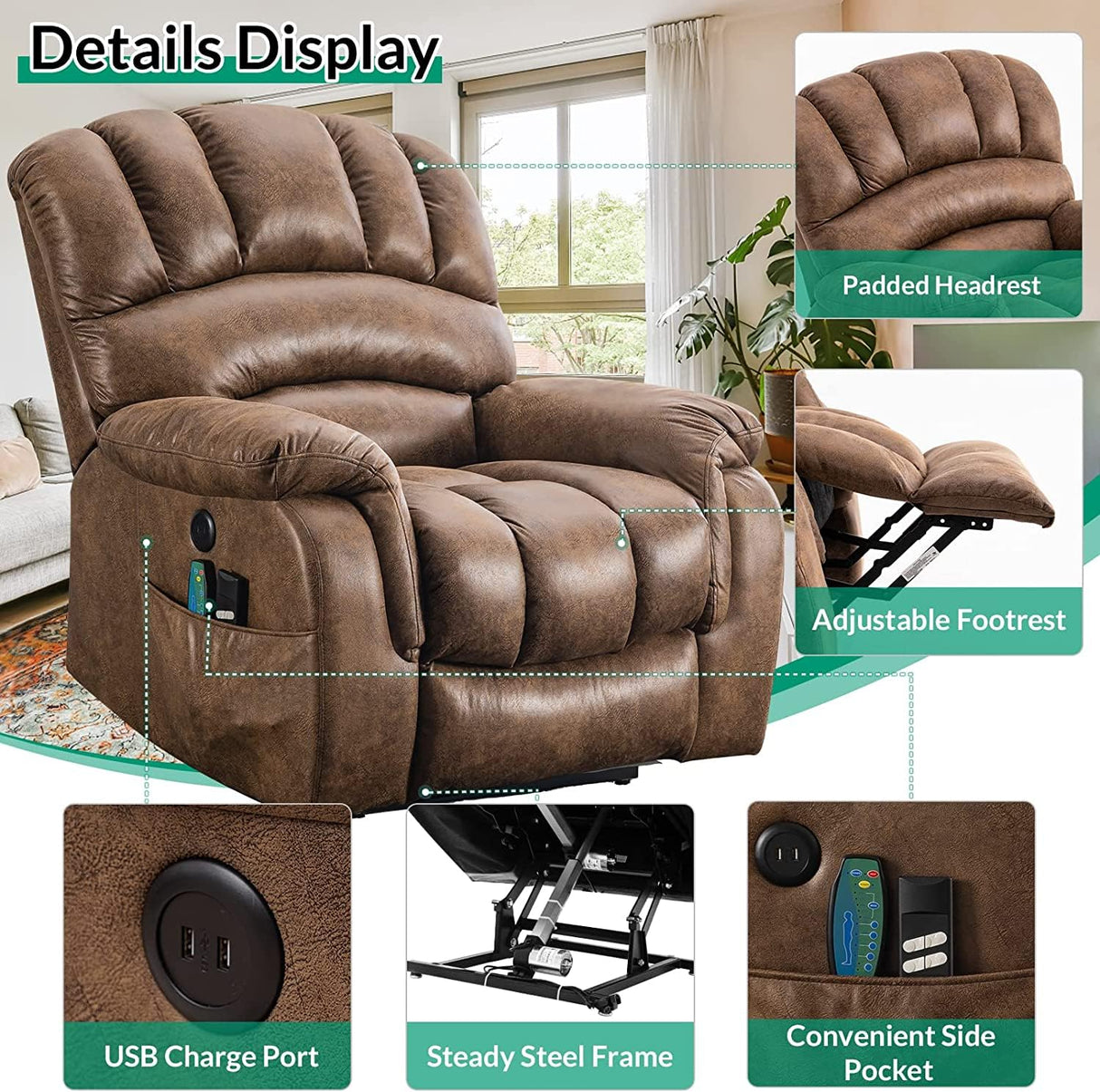 VIVIJASON Large Dual OKIN Motor Power Lift Recliner Chair for Elderly Big Man, 180° Lay Flat Electric Recliner with Heat & Massage, Infinite Position, 2 Remote Controls, Side Pockets & USB Port, Brown VIVIJASON